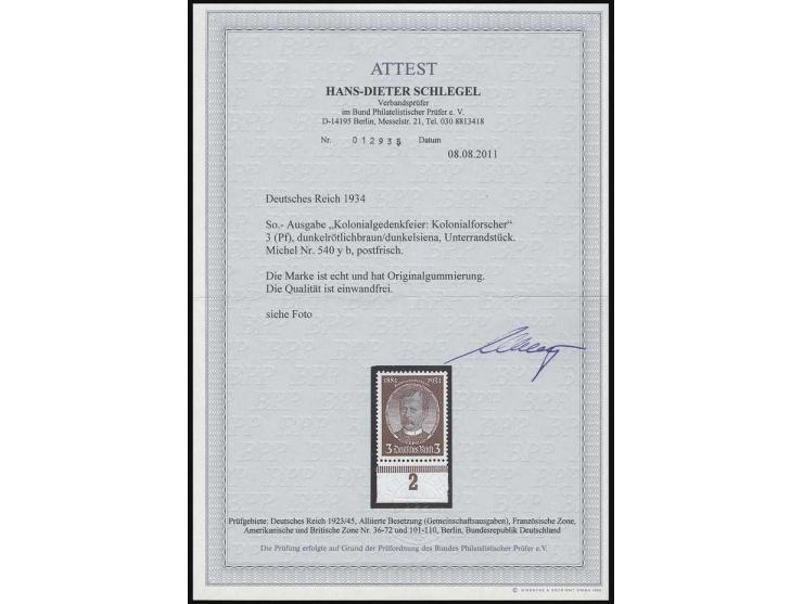 Kolonialforscher, 3 Pfg. lilabraun/dunkellilabraun, postfrisch mit Unterrand, Luxus, Fotoattest H.-D. Schlegel BPP (2011) (Mi