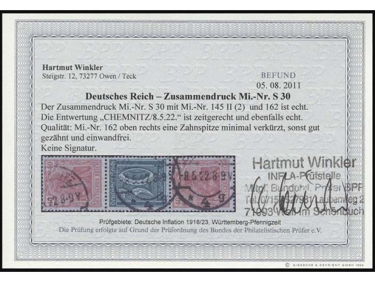 40+30+40 Pfg., gestempelt "CHEMNITZ 8.5.22", 2 Zahnspitzen leicht verkürzt, sonst tadellos, Fotobefund Winkler BPP (Mi. 500,-