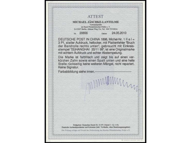 1898, Steilaufdruck: 3 Pfg. hellocker mit Plattenfehler "Bruch in der Bandrolle", gestempelt "SHANGHAI a 20.11.99", geringfüg