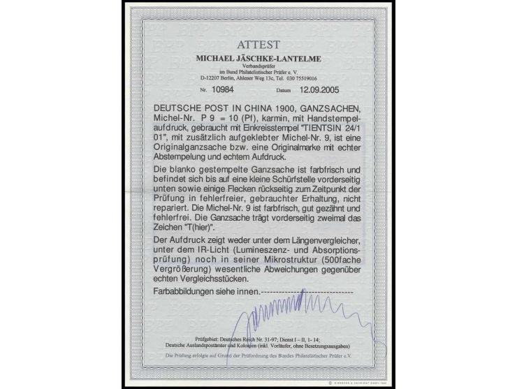5 Pfg. mit Stempel "TIENTSIN 24/1 01" auf Ganzsachenkarte 10 Pfg mit Handstempelaufdruck, diese unten minimal berieben und rü