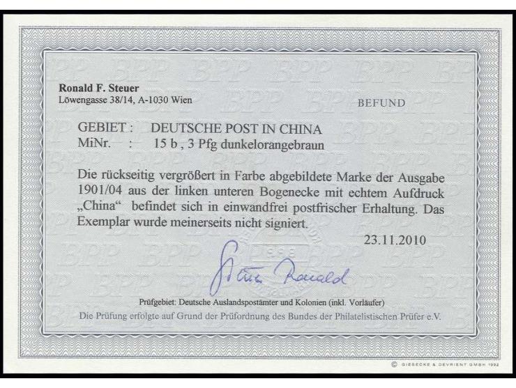  3 Pfg. dunkelorangebraun aus der linken unteren Bogenecke, postfrisch bzw. Falz im Rand, Kabinett, Befund Steuer BPP