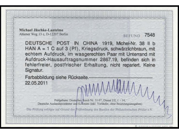 1 C. im waagerechten Unterrandpaar mit Aufdruck-HAN 2867.19, postfrisch, Kabinett, Fotobefund Jäschke-L. BPP