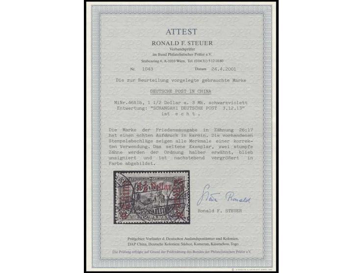 1½ $ schwarzbraunviolett mit Stempel "SCHANGHAI 3.12.13", bis auf 2 stumpfe Zähne in tadelloser Erhaltung, Fotoattest R. Steu