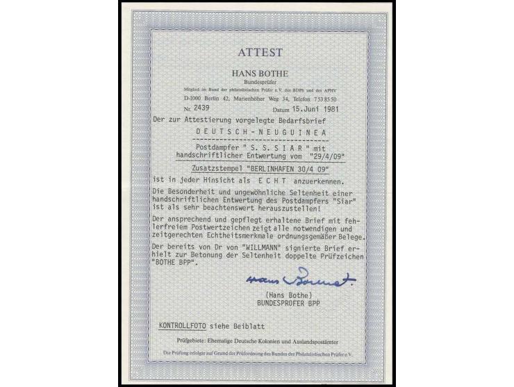 "S.S.Siar 29.4.09", handschriftliche Entwertung übergehend auf Brief mit Kaiseryacht 10 Pfg. und beigesetztem Stempel "BERLIN