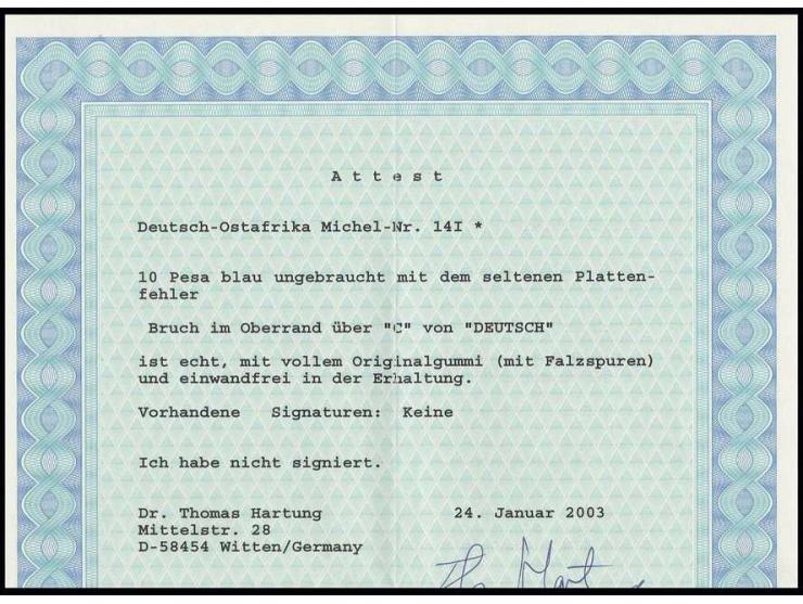 10 P. mit Plattenfehler "Bruch im Oberrand über C von in DEUTSCH", ungebraucht, Pracht (Mi. 700,-)
