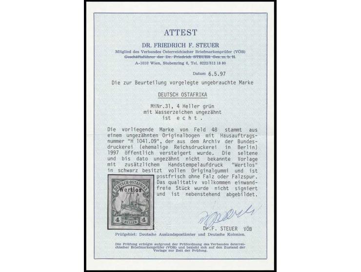 1905/20, mit Wasserzeichen: 4 H. ungezähnter Handstempel-Aufdruck "Wertlos", postfrisch, Kabinett, unsigniert mit Fotoattest 