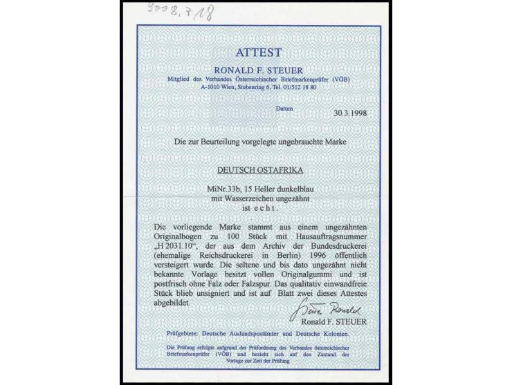 15 H. dunkelblau ungezähnt, postfrisch, Kabinett, unsigniert mit Fotoattest R. Steuer VÖB ( Mi. 1.700,-)