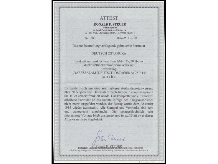 30 H. im senkrechten Paar mit Stempel "DARESSALAM DOA c 25.7.14" auf kompletter Auslandspostanweisung nach Indien, infolge de