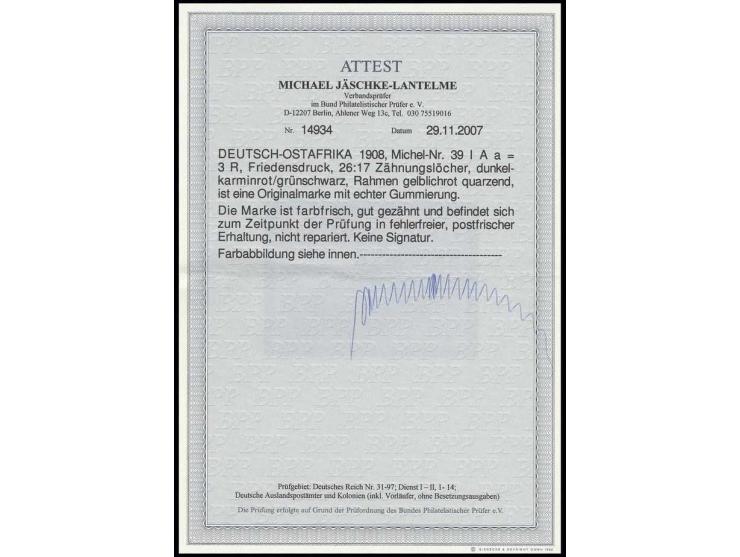 3 R. dunkelkarminrot/grünschwarz in Friedensdruck mit Zähnung A, postfrisch, Kabinett, unsigniert mit Fotoattest Jäschke-L. B