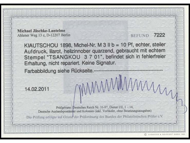 Mitläufer: 10 Pfg. lilarot mit Stempel "TSANGKOU 3.7.01", seltener Stempel und Marke in fehlerfreier Erhaltung, Kurzbefund Jä