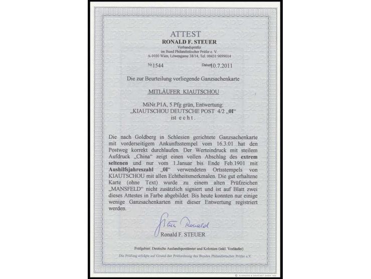 Ganzsachenkarte China 5 Pfg. mit Steilaufdruck und auf dieser Karte seltenem Stempel "KIAUTSCHOU 4.2.01" mit Aushilfsjahresza