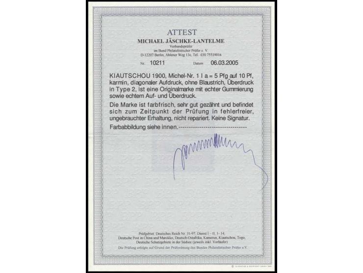5 Pfg. auf 10 Pfg., Aufdruck Type 2, ohne Blaustrich, sauber ungebraucht, Kabinett, Fotoattest Jäschke-L. BPP