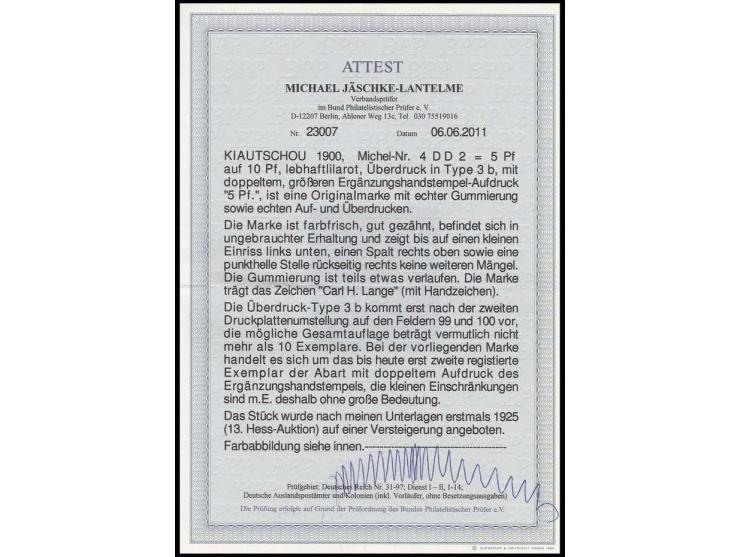 5 Pf. auf 10 Pfg. mit Aufdruck in sehr seltener Type 3b mit zusätzlichem doppeltem Handstempel-Aufdruck "5 Pf.", farbfrisch u