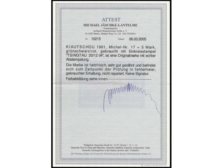 1901, 5 M. mit zentrischem Stempel "TSINGTAU a 20/12 04", Fotoattest Jäschke-L. BPP