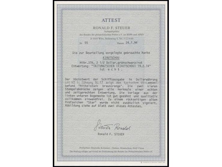 mit Wasserzeichen: 2½ $, linke untere Bogenecke, sauber gestempelt "TAITUNGTSCHEN 19.2.14", Pracht, sign. Starauschek und Fot