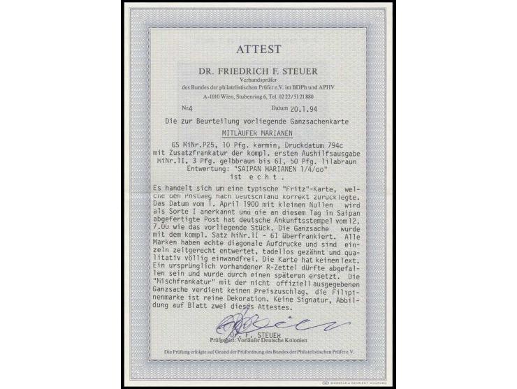1899, diagonaler Aufdruck: 3-50 Pfg. mit zeitgerechtem Stempel "SAIPAN 1/4 00" auf eingeschriebener Ganzsachenkarte 10 Pfg. m