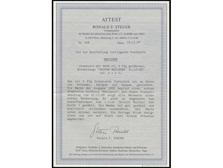 3 Pfg. mit klarem Stempel "SAIPAN 31/12 99" auf unten minimal verkürzter Ortskarte, Kabinett, Fotoattest Steuer BPP