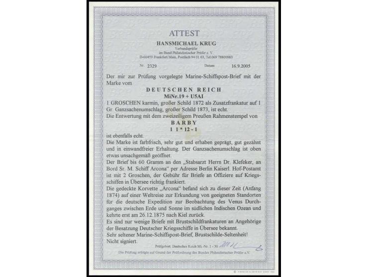 1874, Ganzsachenumschlag 1 Gr. mit 1 Gr. großer Schild mit Preußen Ra2 "BARBY/11" an Marine-Stabsarzt Dr. Klefeker an Bord S.