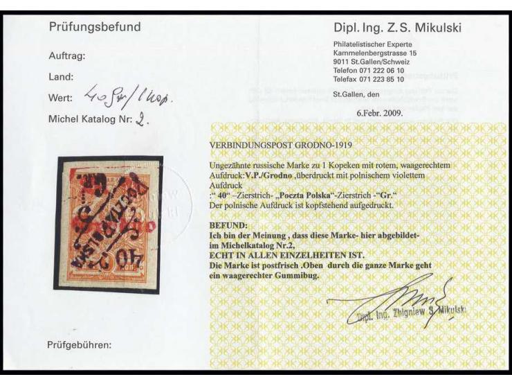 40 Gr. auf 1 K. gelblichorange mit kopfstehendem polnischem Aufdruck, postfrisch, oben waagerechter Bug, Fotoattest Mikulski