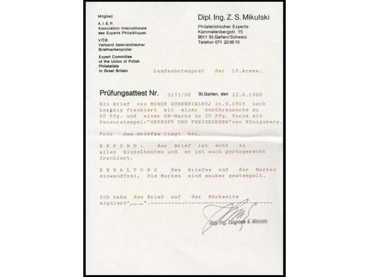 30 Pfg. und Deutsches Reich Germania 20 Pfg. auf Brief von "MINSK 10 9 18" nach Leipzig mit Zensurstempel, Beförderungsspuren