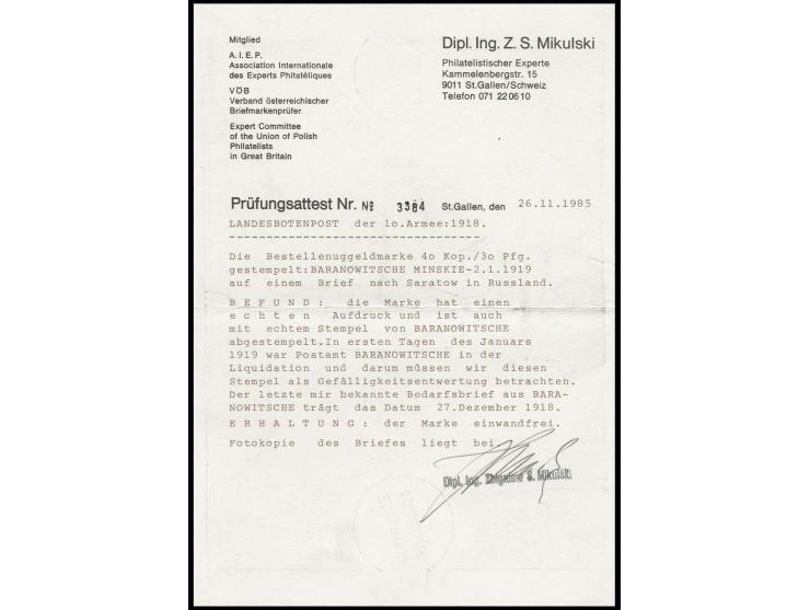  40 K. auf 30 Pfg. mit Gefälligkeitsstempel "BARANOWITSCHE MINSKIE 2.1.1919" auf links verkürztem, beschrifteten Umschlag, Ka