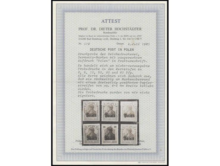 1915, Probedrucke mit Aufdruck "Polen": 3, 5, 10, 20, 30 und 60 Pfg., ungebraucht mit rückseitig 3seitig gezähntem Papierstre