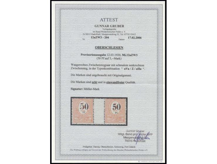 50 Pf. auf 5 M., waagerechtes Zwischenstegpaar in den Typen aVa/Z/aIIa, ungebraucht, Pracht, sign. Müller-Mark, Fotoattest Gr