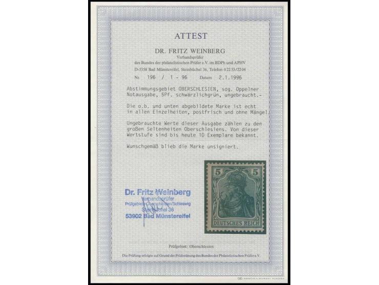  Oppelner Notausgabe: 1920, 5 Pfg., postfrisch, unsigniert, Kabinett, Fotoattest Weinberg BPP