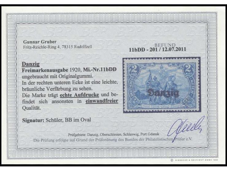 1920, "Danzig" auf 2 M. dunkelkobaltblau mit doppeltem Aufdruck, ungebraucht, rechts unten leichte Verfärbung, sonst einwandf