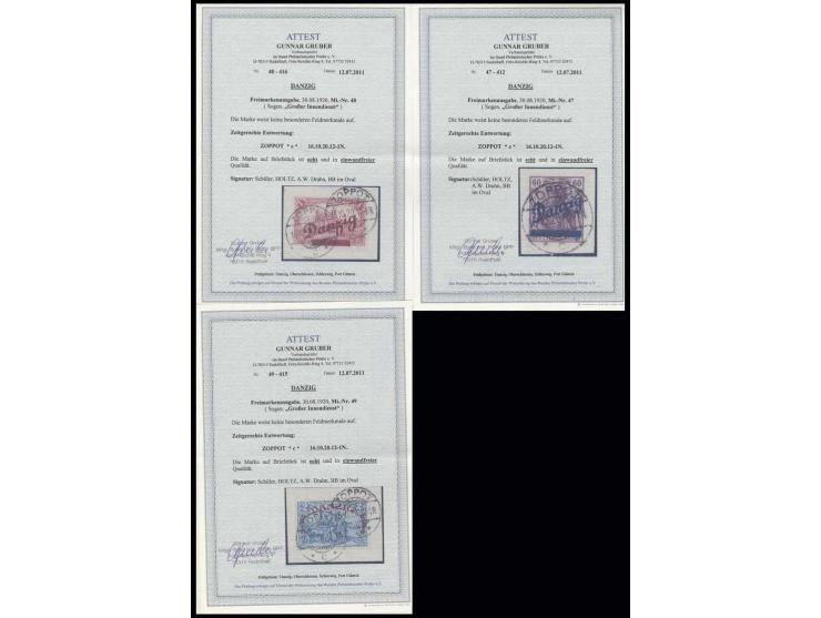 Großer Innendienst 60 Pfg. - 2 M. je mit klarem, zeitgerechtem Stempel "ZOPPOT 16.10.20" auf kleinem Briefstück, Kabinett, u.