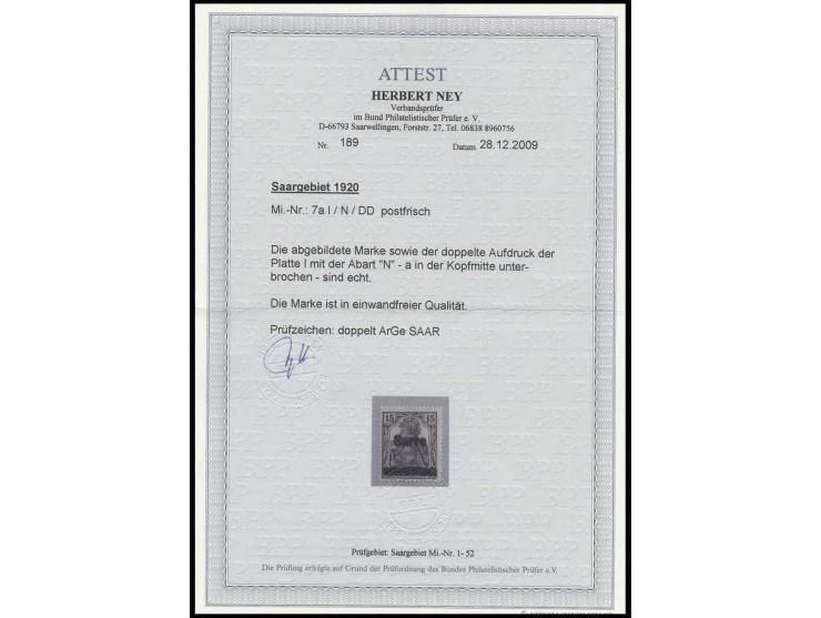 1920, "Sarre" auf Germania: 15 Pfg. grauviolett mit doppeltem Aufdruck der Abart "N", postfrisch, Pracht, sign. ArGe Saar und