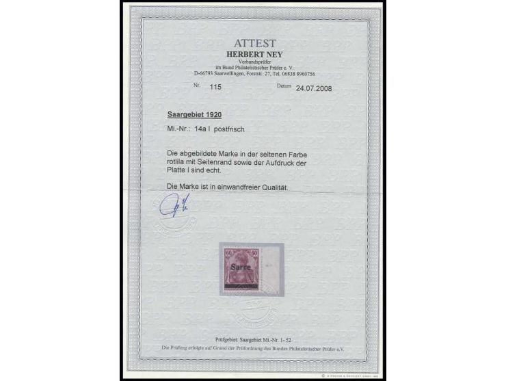 60 Pfg. rotlila, rechtes Seitenrandstück, postfrisch, Kabinett, Fotoattest H. Ney BPP