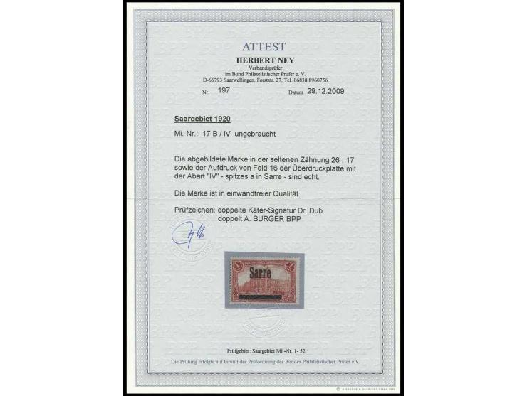 1 M. mit Aufdruckfehler "spitzes a", ungebraucht, mehrfach sign. und Fotoattest Ney BPP (Mi. 3.000,-)