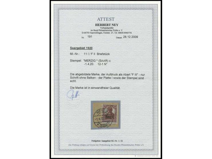 35 Pfg. mit Aufdruckabart "nur Schrift", sauber gestempelt "MERZIG 1.4.20" auf Briefstück, selten, Fotoattest Ney BPP