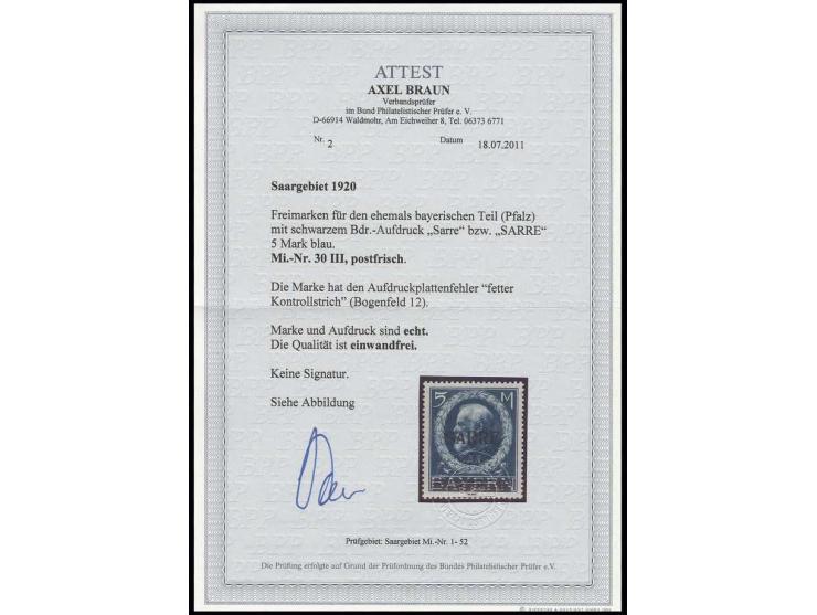  5 M., mit Aufdruckfehler "fetter Kontrollstrich", postfrisch, unsigniert, Kabinett, Fotoattest Braun BPP