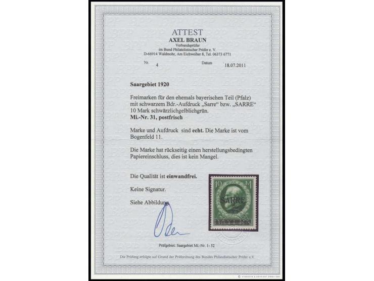  10 M., postfrisch mit kleinem herstellungsbedingtem Papiereinschluss, Kabinett, Fotoattest Braun BPP