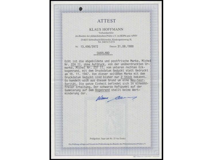 84 Pfg., linkes unteres Eckrandstück mit Druckdatum "Geduckt am 18.11.1947", postfrisch mit kleiner schwarzer Haftstelle im U