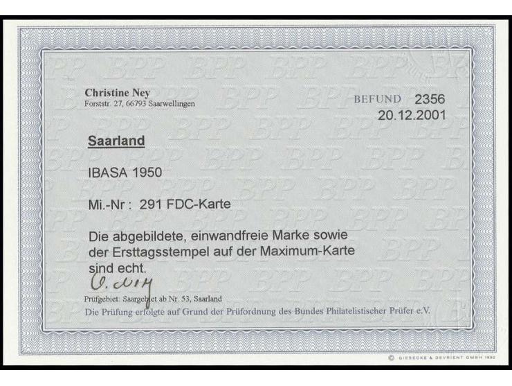 1950, IBASA 15 Fr. mit Ersttagssonderstempel vom 23.4.50 auf Maximumkarte, Fotobefund Ney BPP