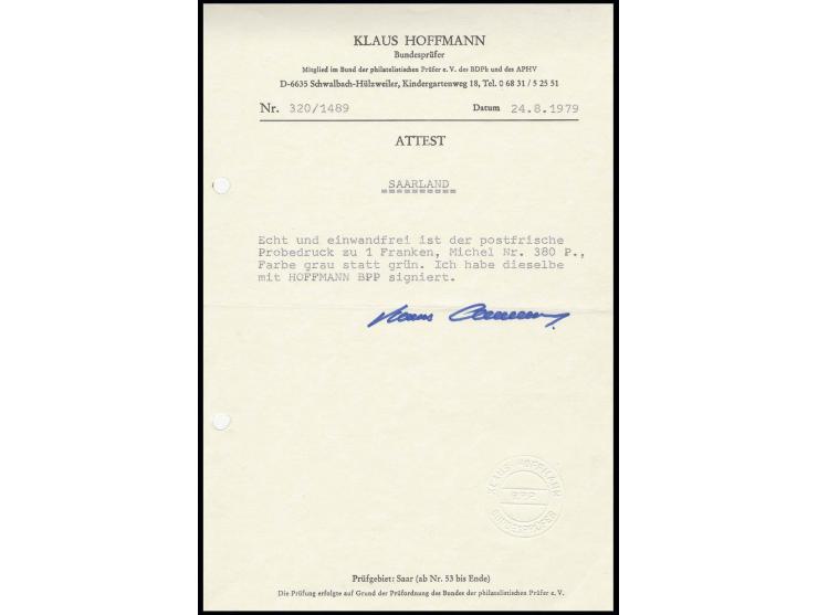 1957, Heuss I, Probedruck 1 Fr. in grau, postfrisch, ein Zahn gering getönt, sign. Hoffmann BPP mit Attest