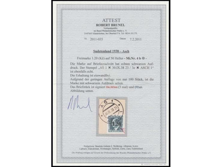 1.20 auf 50 H. mit Stempel "AS 1 30.IX.38" auf kleinem Briefstück, Kabinett, u.a. sign. Dr. Hörr und Fotoattest Brunel BPP