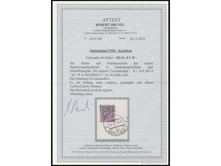 1938, 60 H. schwärzlichviolettpurpur mit dunkelgrünlichblauem anstatt lebhaftblaugrünem Aufdruck, mit Stempel "KARLSBAD 1 -4.