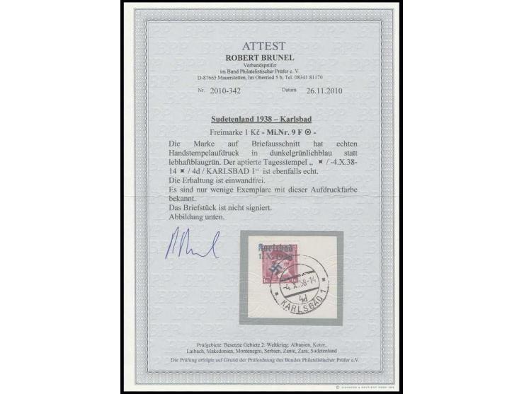 1 Kc. schwärzlichrosalila mit dunkelgrünlichblauem anstatt lebhaftblaugrünem Aufdruck, mit Stempel "KARLSBAD 1 -4.10.38 -14" 