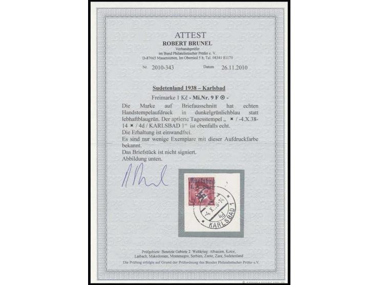  1 Kc. schwärzlichrosalila mit dunkelgrünlichblauem anstatt lebhaftblaugrünem Aufdruck, mit Stempel "KARLSBAD 1 -4.10.38 -14"