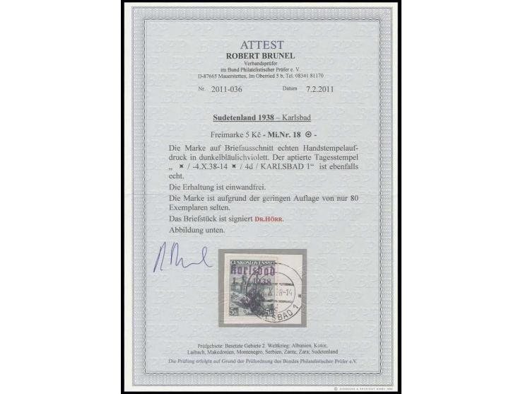  5 Kc. schwarzopalgrün, mit Stempel "KARLSBAD 1 -4.X.38 -14" auf kleinem Briefstück, Kabinett, sign. Dr. Hörr und Fotoattest 