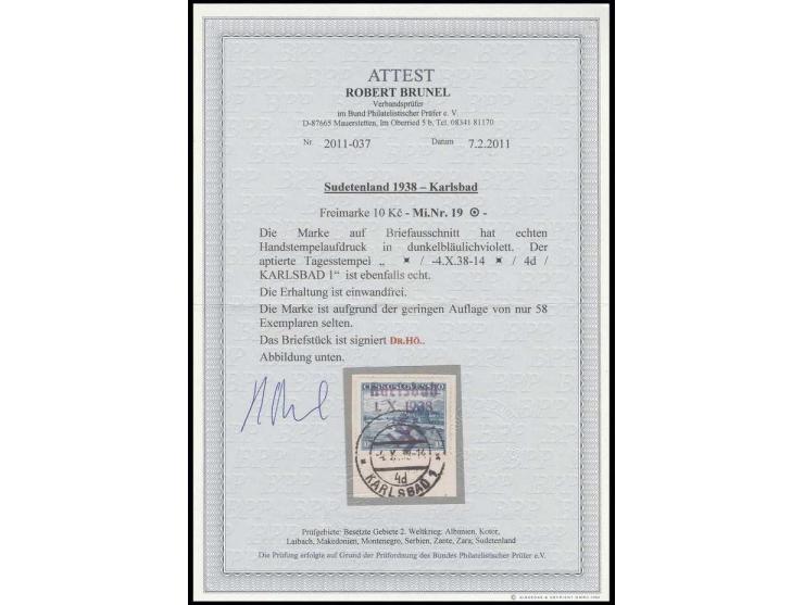 10 Kc. schwarzkobaltblau, mit Stempel "KARLSBAD 1 -4.X.38 -14" auf kleinem Briefstück, Kabinett, Auflage nur 58 Stück, sign. 