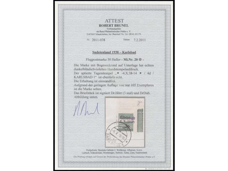 Flugpost 50 H. schwarzlichgrün aus der rechten oberen Bogenecke, mit Stempel "KARLSBAD 1 -4.X.38 -14" auf kleinem Briefstück,