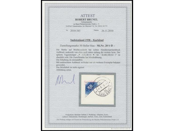 Zustellungsmarke 50 H. schwärzlichultramarin mit Seitenrand, mit senkrechtem Aufdruck, mit Stempel  "KARLSBAD 1 -4.10.38 -14"