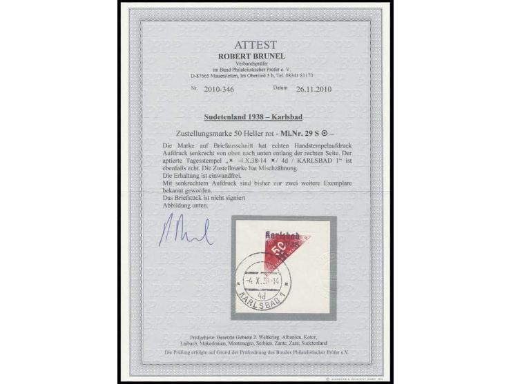   50 H. lebhaftmagenta, mit senkrechtem Aufdruck, mit Stempel  "KARLSBAD 1 -4.10.38 -14" auf Briefstück, Kabinett, bisher nur