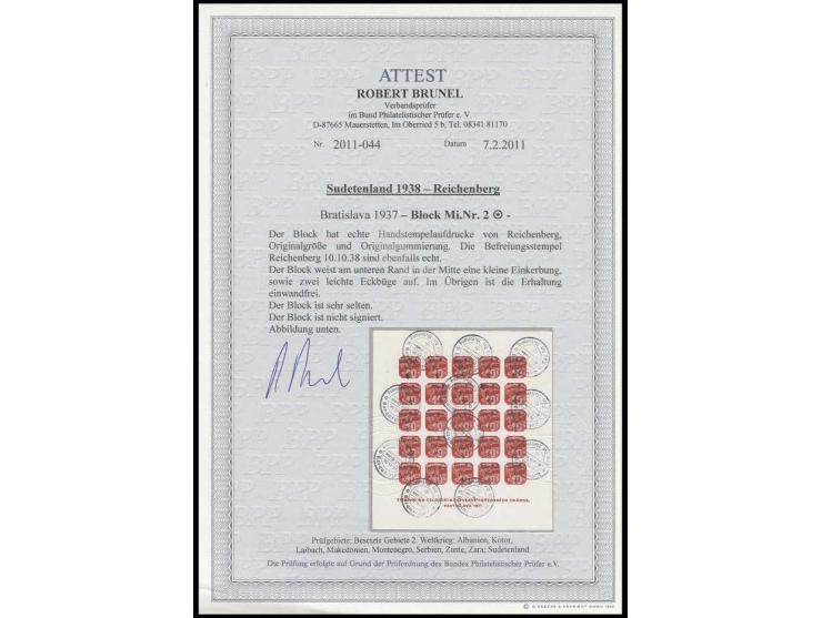 Preßburg-Block mit Stempel "Reichenberg 10.10.38", unten zwei kleine Einkerbungen sowie zwei leichte Eckbüge, sonst einwandfr