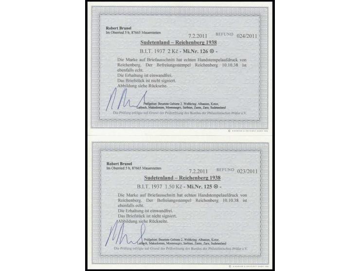  1.50 Kc. und 2 Kc., je mit Befreiungsstempel "REICHENBERG 10.10.38" auf kleinem Briefstück, Kabinett, Befunde Brunel BPP